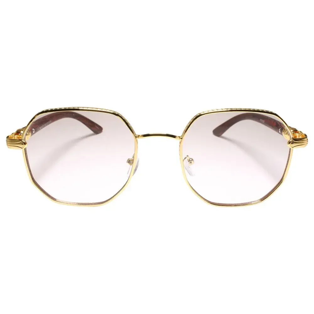 Gold Elegant Ornate Frame Faux Wood Temple Square Clear Lens Glasses
